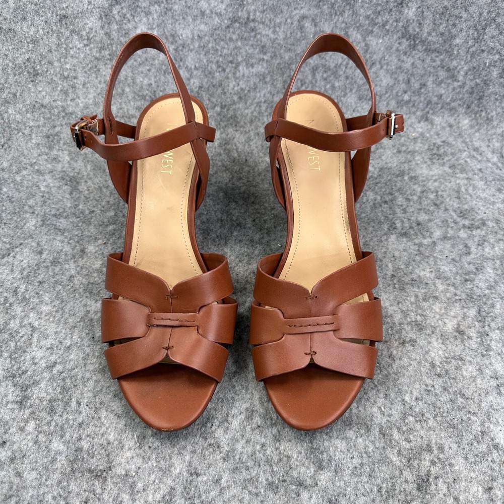 Nine West Womens Cognac Brown Wedge Sandals Ankle Strap Open Toe Heels - Picture 2 of 11
